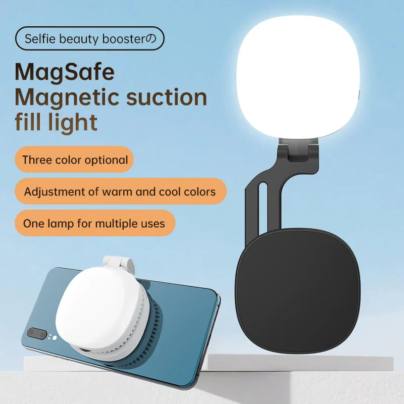 Magnetic Phone Selfie Light with Mirror, Rechargeable LED Ring Light, Black & White, Portable for Makeup, TikTok, Vlog & Video C