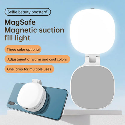 Magnetic Phone Selfie Light with Mirror, Rechargeable LED Ring Light, Black & White, Portable for Makeup, TikTok, Vlog & Video C
