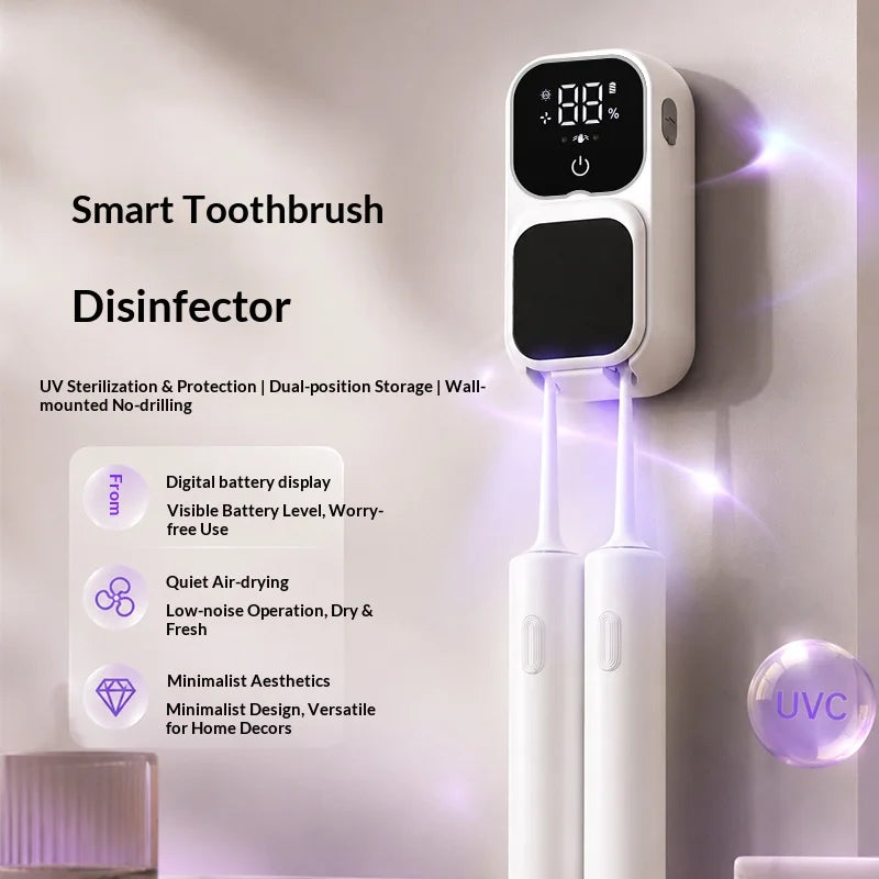 Mini Dual Toothbrush UV Steriliser, Portable Rechargeable Disinfector with Sensor Switch & Charging Display