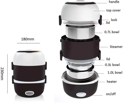 2026 New Electric Lunch Box,3 Layers 2L Portable Electric Heating Bento Lunch Box Rice Cooker,110V 200W,Stainless Steel+PP