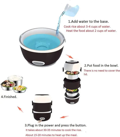 2026 New Electric Lunch Box,3 Layers 2L Portable Electric Heating Bento Lunch Box Rice Cooker,110V 200W,Stainless Steel+PP