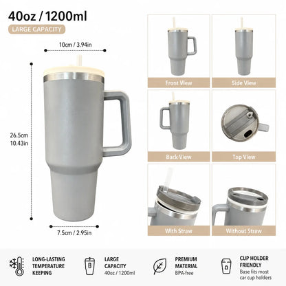 40oz 1200ML Insulated Tumbler w/Handle & Straw, Double Wall Thermal Cup, Travel Coffee Mug, Gift