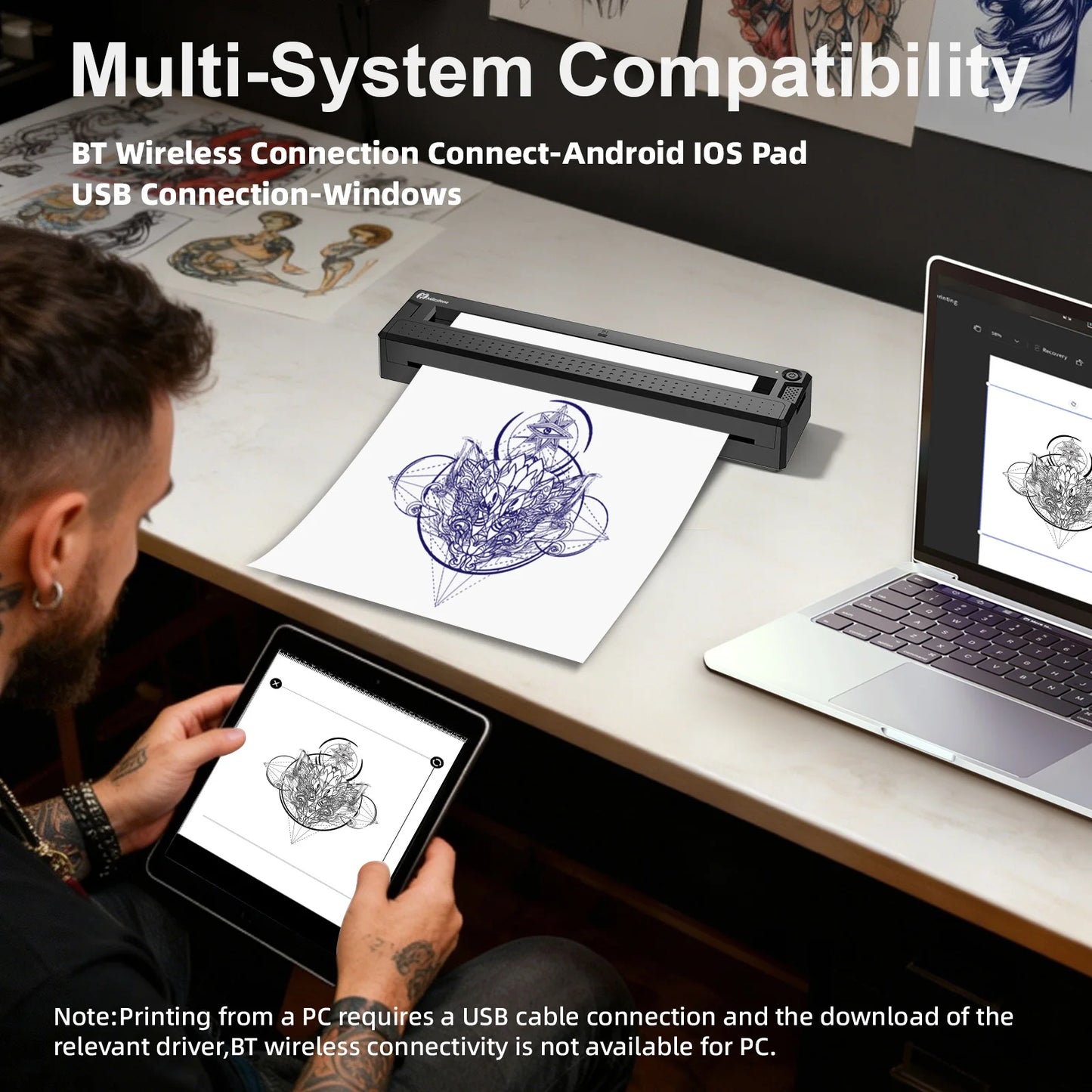 Portable Bluetooth Thermal Printer - Mini Wireless Printer for Tattoo Stencil & Document Printing, Equipped with Tattoo Paper +