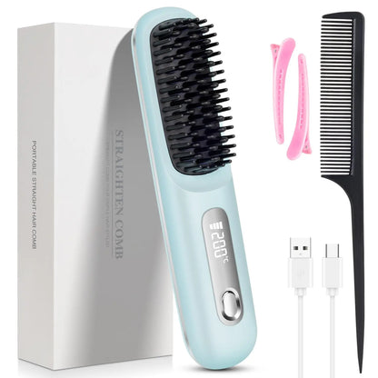 Portable Hair Straightener Brush Cordless USB Charging Straightening Comb LED Display & Ceramic Coating, Ionic Technology