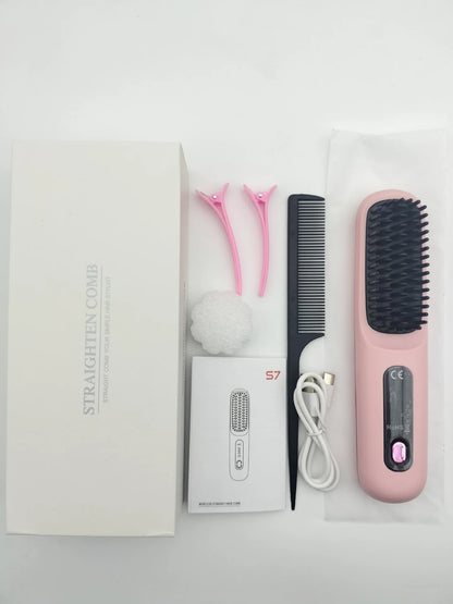 Portable Hair Straightener Brush Cordless USB Charging Straightening Comb LED Display & Ceramic Coating, Ionic Technology